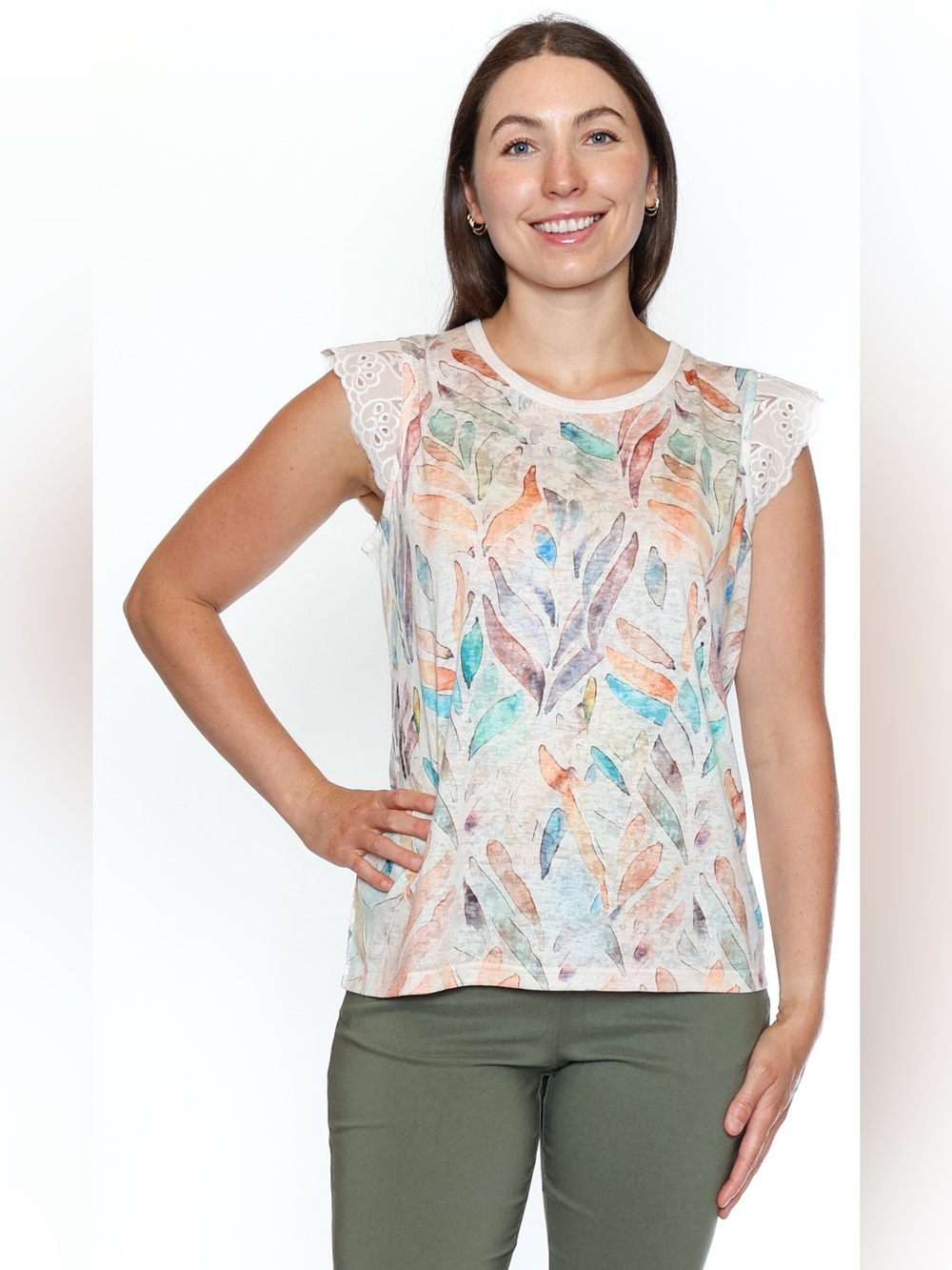 Papa Vancouver Crewneck Eyelet-Capleeve Top-Cream/Jewel Tones